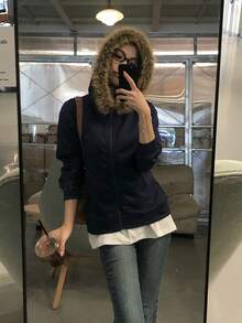 DAZY 女款純色圓領修身短袖內搭T恤，適合秋季 - 藏蓝色 - 查看 7