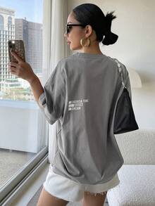 DAZY Slogan Graphic Drop Shoulder Tee CHERISH TIME EFFECT DREAM Oversized T-Shirt - Grey - View 4