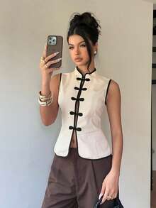 Siren Gaze Women's Beige Frog Button Contrast Trim Textured Vest,Chinese Knot Button,Casual Elegant, Frog Closures Tea Party Brunch Business Four Seasons Autumn - Multicolor - View 6