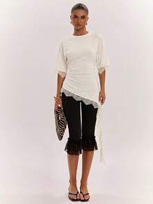 SHEIN BAE Women's Lace Patchwork Casual Versatile Daily Wear Top - Apricot - View 1
