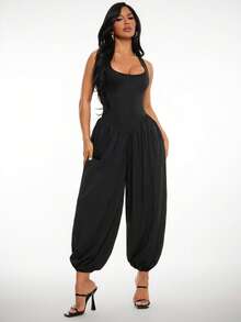Radiana Women's Vacation Ruched Loose Fashion Tapered Leg Jumpsuit - Black - View 5