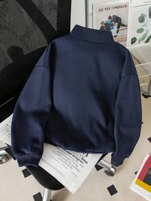 SHEIN 1件青少年女孩拉鍊半開式寬鬆落肩抓絨衛衣，大字母圖案印花，羅紋袖口與下擺，秋冬時尚休閒上衣 - 藏蓝色 - 查看 2