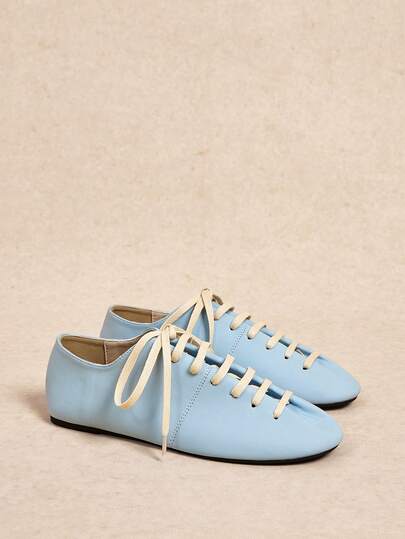 Rosivie Haze Blue Bump Beige Lace-Up Flat-Bottomed Small Leather Shoes Female, Round Toe Soft Leather Casual Shoes Fresh Commuting Slouchy Loafers Fall Shoes