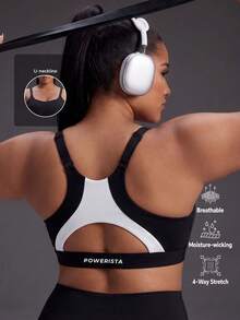 Powerista Bra Olahraga Fitness Sehari-hari Warna Polos Ukuran Plus Wanita - Hitam dan Putih - View 3