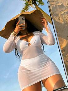 SHEIN Swim Plus Size Solid Color Versatile Sheer Long Sleeve Cover-Up Dress - White - View 3