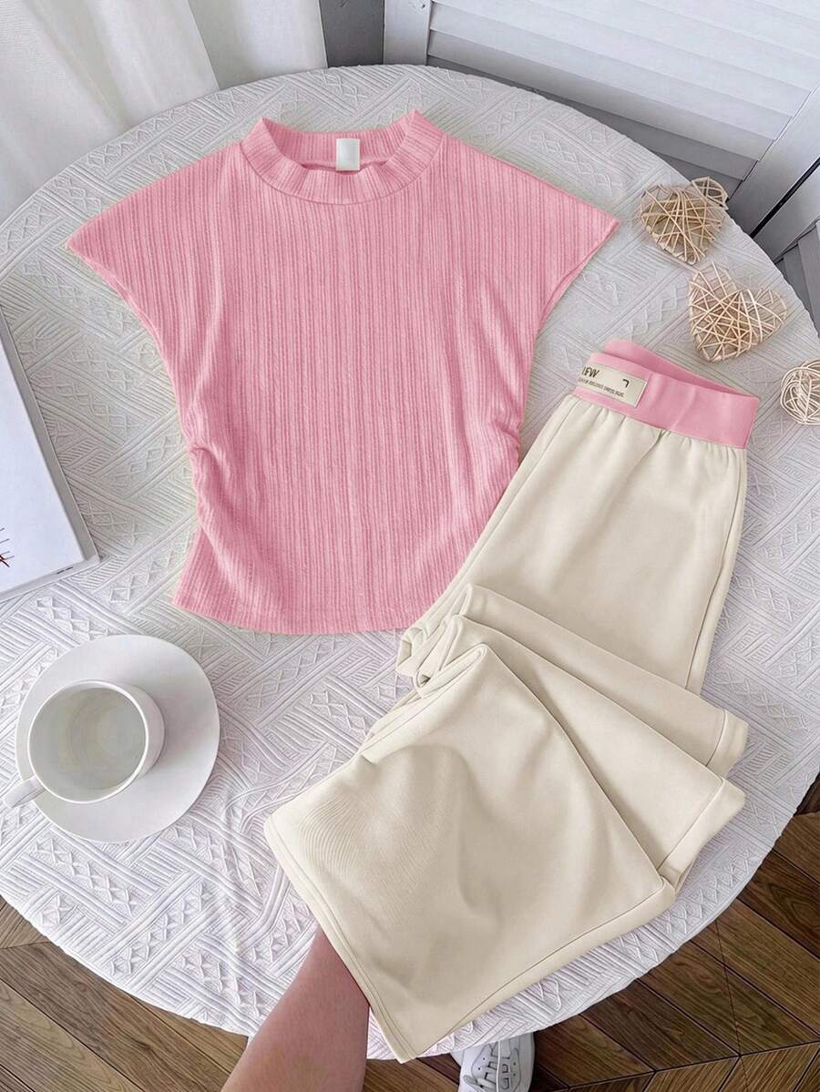 2pcs Set Casual Minimalist Striped T-Shirt & Pants For Young Girls, Suitable For Summer - Multicolor - View 1