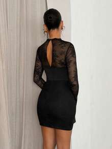 Glamine Women Lace Patchwork Hollow Out Underwire Unpadded Boned Bodycon Mini Dress, Halloween Vampire Cosplay Sexy Long Sleeve Date Party Clubwear - Black - View 2