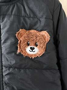 SHEIN Vintaside Kids 男嬰秋冬款梭織極簡可愛 3D 毛絨熊刺繡貼布裝飾黑色連帽長袖拉鍊夾克，內裡刷毛，適合日常外出、上學、購物、戶外跑步、生日派對、冬季旅行及各種節日場合 - 黑色 - 查看 6