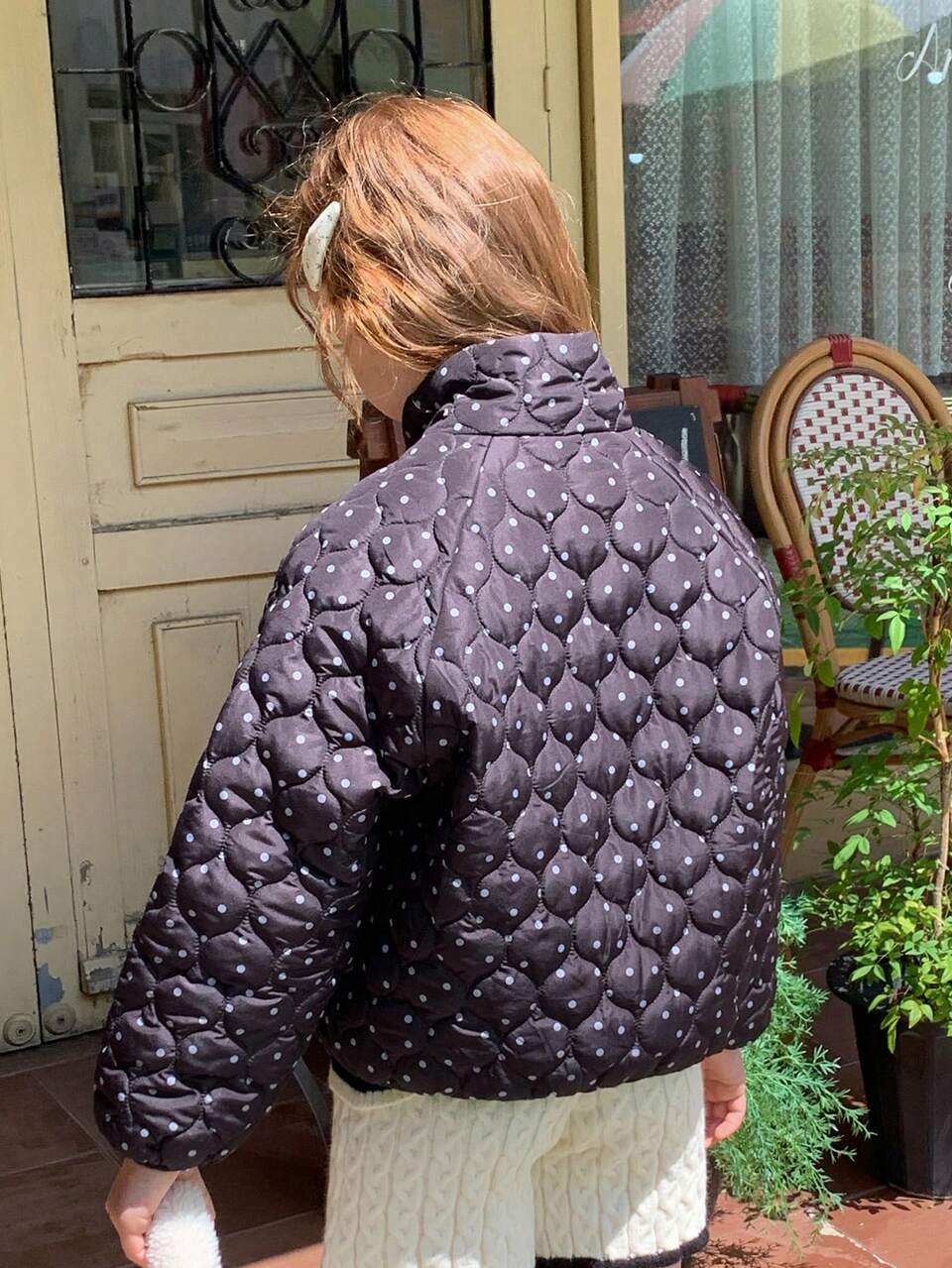 Tween Girls' Black And White Polka Dot Stand Collar Japanese-Korean Style Loose Thick Winter Coat Jacket Fall