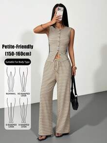 SHEIN PETITE 2件組女款休閒米色前扣長袖上衣與寬腿長褲套裝，夏季兩件式套裝，小碼居家度假旅行穿搭 - 彩色 - 查看 12