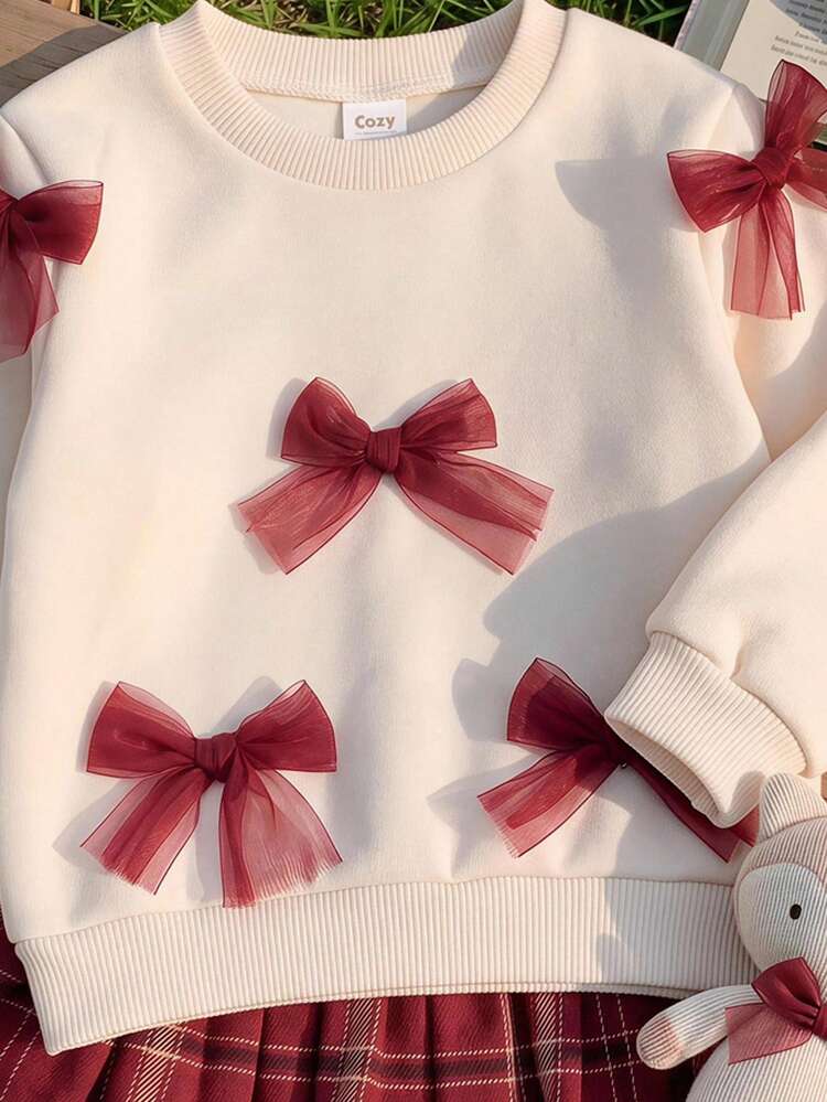 Cozy Pixies Baby Girls Dresses Autumn/Winter Fleece Lined Round Neck Pullover Long Sleeve Dress, 2 In 1 Sweatshirt Spliced Scottish Red Plaid With Mesh Bow, Simple And Cute - Red and White - View 5