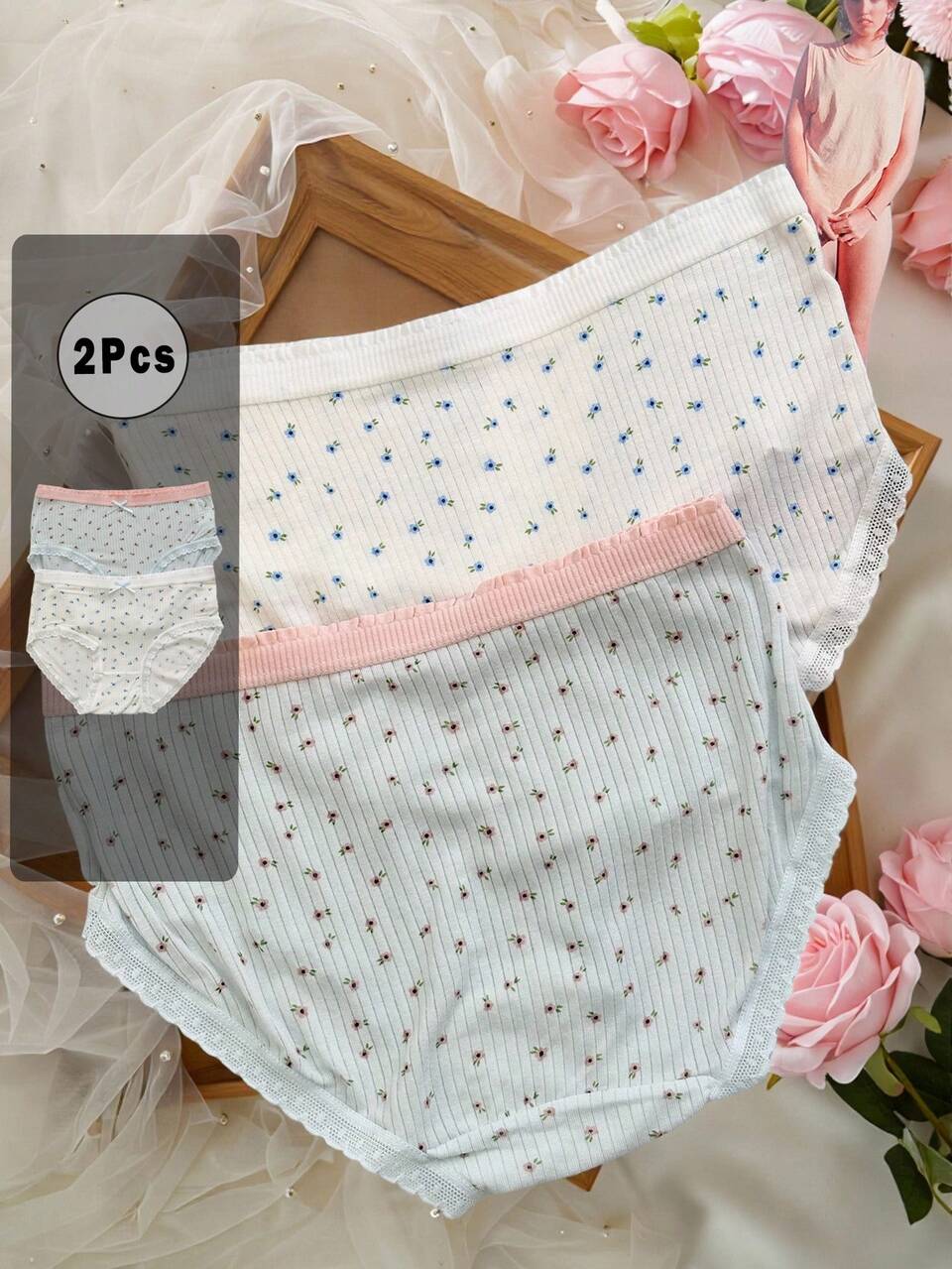 2pcs Set Sweet Ditsy Floral Women's Triangle Panties Fall