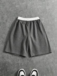 Casuvi Kids 1件青少年男孩極簡印花針織寬腿褲，新穎雙腰帶設計，舒適面料，夏季新款，適合多季節與多場合 - 彩色 - 查看 2