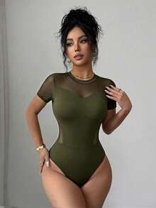 Elenzga 女款春夏優雅性感深綠色對比網格圓領短袖修身連身衣，適合外出與夜店 - 軍綠色 - 查看 3