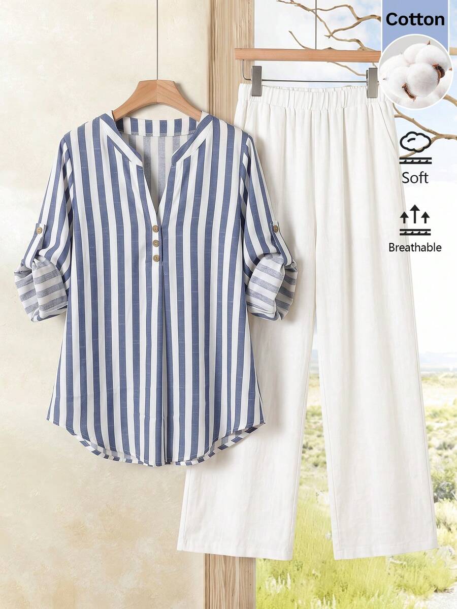 Rusticease Women's Striped Rolled Sleeve Shirt And Wide Leg Pants Casual Set - Multicolor - View 1