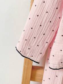 2pcs/Set Spring Autumn Winter Girls Toddler Home Wear Soft Comfortable Pink Double Layer Crepe Fashion Black Polka Dot Print With Cute Bunny Bow Embroidery Black Contrast Trim Ruffle Collar Long Sleeve Cardigan And Long Pants Set Early Autumn Thin Loungewear Pajamas - Baby Pink - View 6