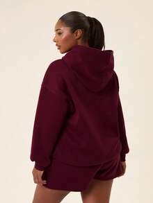 Levarali Plus Size Women's Sports Set Hooded Sweatshirt + Shorts 2 Pieces Set, Autumn/Winter Outfit Fall - Burgundy - View 2
