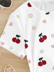 Set de 2 piezas de camiseta de manga corta con estampado de frutas y cerezas y pantalones cortos casuales para niñas, uso cómodo para primavera, verano y otoño - Multicolor - Ver 6