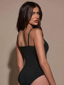 SHEIN BAE Women's Elegant Black Camisole Bodysuit, Fashionable For Spring/Summer - Black - View 2
