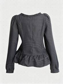 GlowEve Blus Lengan Panjang Wanita Gaya Korea Motif Kotak-kotak dengan Kancing dan Hiasan Rumbai di Bagian Bawah - Hitam - View 2