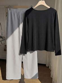 SHEIN EZwear 大尺碼長袖T恤與條紋長褲2件套 秋季 - 彩色 - 查看 2