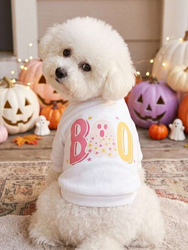 PETSIN 1pc Pink Little Ghost Letter BOO Pink Halloween Ghost Print Pet White Thick Warm And Gentle Anti Shedding Pet Clothing