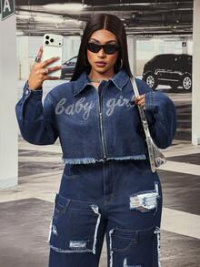 Slaydiva Cowgirl Outfit Plus Size Women's Blue Non-Stretch Rhinestone Embellished Long Sleeve Jacket - Dark Wash - View 9