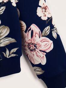 SHEIN LUNE 花卉印花落肩衛衣，秋冬長袖上衣，休閒風 - 藏蓝色 - 查看 3