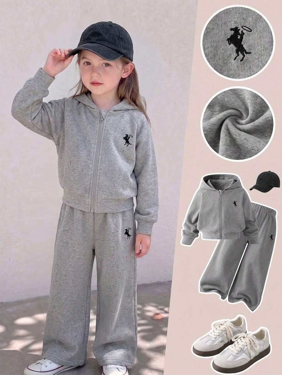 SHEIN Young Girl 2pcs Zip Up Hooded Sweatshirt And Wide Leg Pants Set Embroidery Jacket Loose Trousers Preppy Fleece Lined Tracksuit , For Autumn And Winter