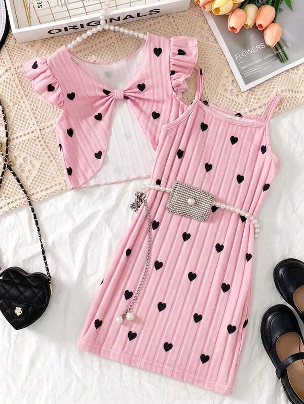 Set Gaun Rajut Elegan Baru untuk Hari Valentine Anak Perempuan, Atasan Tank Tanpa Lengan Berenda + Gaun Camisole, 2 Potongan Gaun Musim Semi