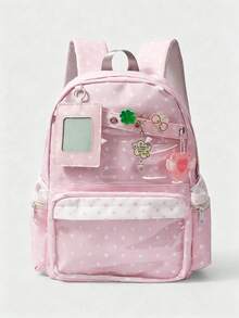 ROMWE Kawaii 1个粉色可爱甜美幸运四叶草猫咪吊坠条纹五角星爱心翅膀装饰多气眼多口袋时尚简约大容量量产型女式背包，适合大学、通勤、旅行，包含所有配件 - 淺粉色 - 查看 1