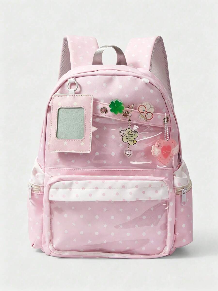 ROMWE Kawaii 1个粉色可爱甜美幸运四叶草猫咪吊坠条纹五角星爱心翅膀装饰多气眼多口袋时尚简约大容量量产型女式背包,适合大学、通勤、旅行,包含所有配件 - 淺粉色 - 查看 1
