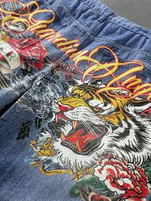 ROMWE MEN Anime Men's Plus Size Button Pocket Back Cartoon Character Print Denim Shorts - Blue - View 4