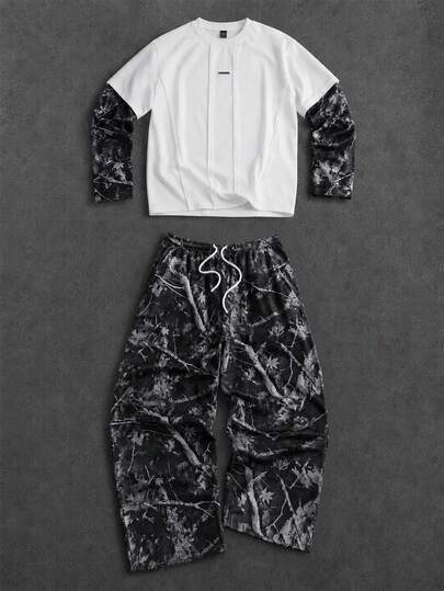 AXEPEAK Herren Lässig Bequeme Streetwear 2 In 1 Langarm Patchwork T-Shirt + Hose Set