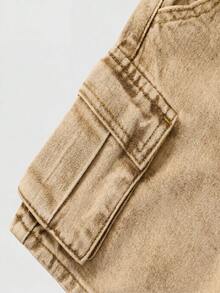 Summer Young Boy Denim Shorts, Washed Blue, Versatile Stylish Cargo Design With Large Pockets, Elastic Waist, Loose Straight Leg - Khaki - View 4