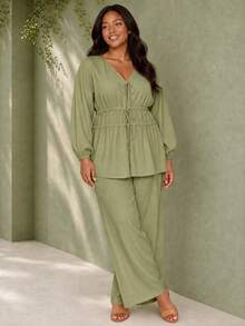 ELLERISSA Plus Size Green Textured Tie Front Blouson Sleeve Top & Wide Leg Pants Co-Ord Set Fall - Green - View 1