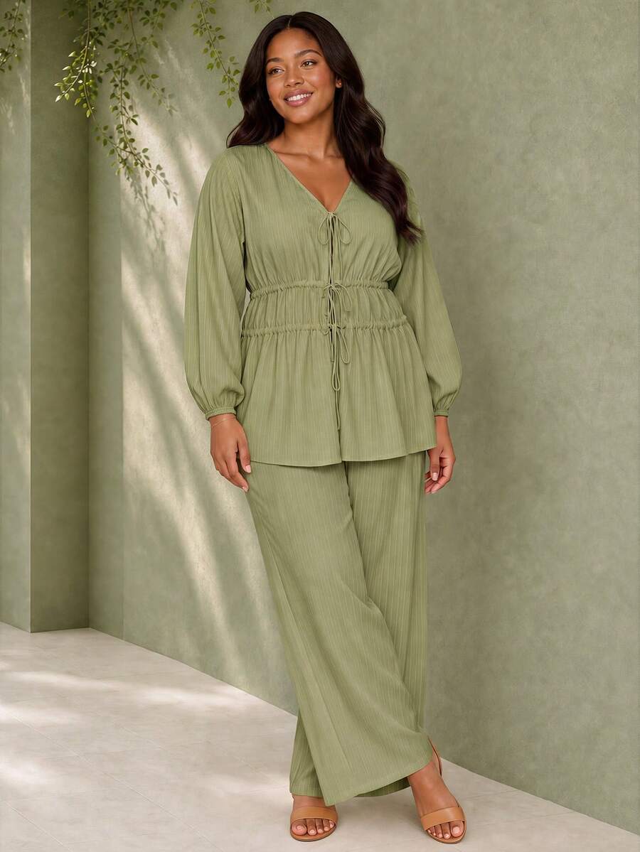 ELLERISSA Plus Size Green Textured Tie Front Blouson Sleeve Top & Wide Leg Pants Co-Ord Set Fall - Green - View 1