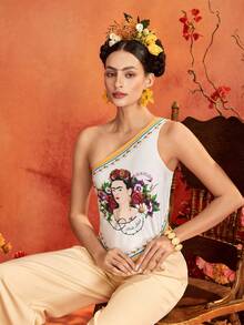 Glamance Frida Kahlo X SHEIN Apricot Yellow Portrait Floral Pattern Top Vest, Elegant Mature Casual Sexy, Suitable For Outings, Work, Office, Daily Wear, Gatherings, Parties, Birthdays, Vacations, Middle East Travel, Beach, Swimwear, Bohemian Style, Summer - Apricot - View 1