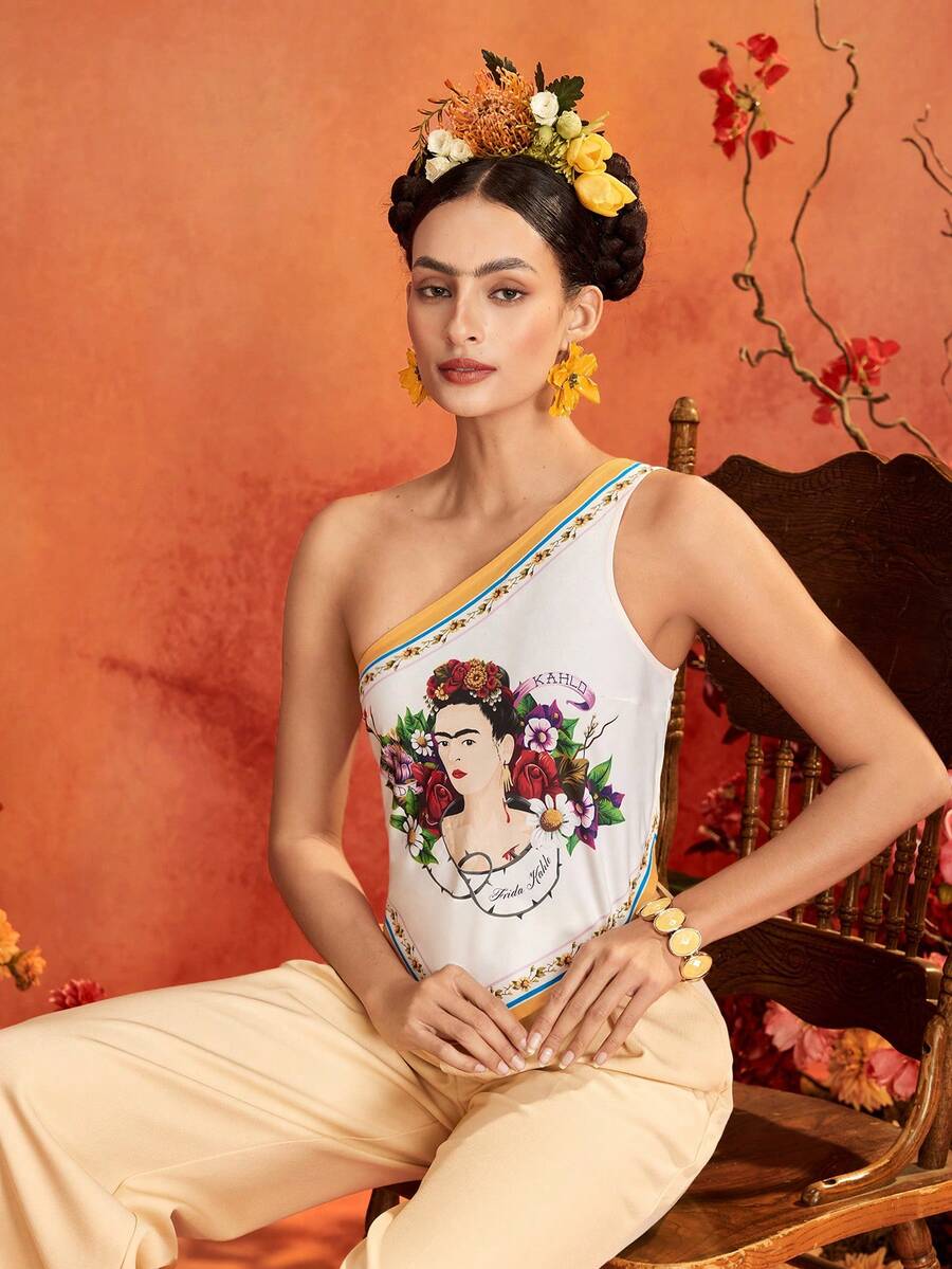 Glamance Frida Kahlo X SHEIN Apricot Yellow Portrait Floral Pattern Top Vest, Elegant Mature Casual Sexy, Suitable For Outings, Work, Office, Daily Wear, Gatherings, Parties, Birthdays, Vacations, Middle East Travel, Beach, Swimwear, Bohemian Style, Summer - Apricot - View 1