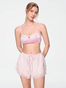 Bonmuse Sujetador de lencería para mujer rosa de satén estilo kawaii lindo coquette babydoll lolita con patchwork de encaje y patchwork 3D romántico - Rosa - Ver 5