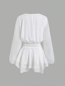 Sweetra Romantic Cute Soft Minimalist Sexy White Chiffon Dress, Round Neck, Drawstring Tie, Loose Lantern Sleeves, Asymmetrical Ruffle, Vacation Autumn - White - View 2