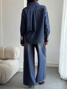 DAZY Women's Rhinestone Blouse And Straight Leg Pants Casual 2 Pieces Denim Set Fall - Medium Wash - View 4