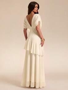 SHEIN BAE Gaun Maxi Chiffon Elegan Wanita Warna Cokelat Polos, Leher V Dalam, dan Hem Berumbai Transparan, Cocok untuk Musim Semi/Panas - Aprikot - View 2
