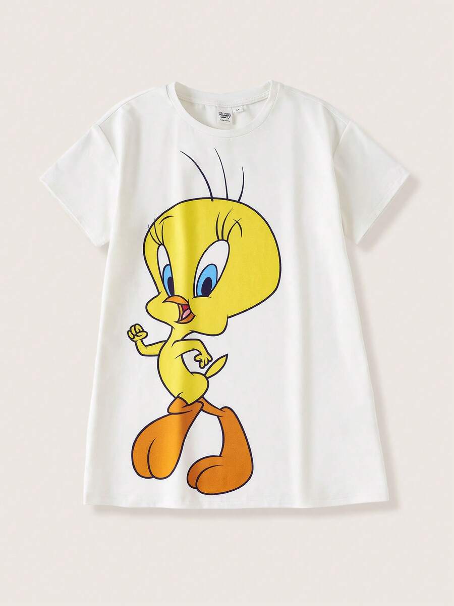 LOONEY TUNES X SHEIN 少女卡通印花圓領短袖休閒家居洋裝 - 白色 - 查看 1