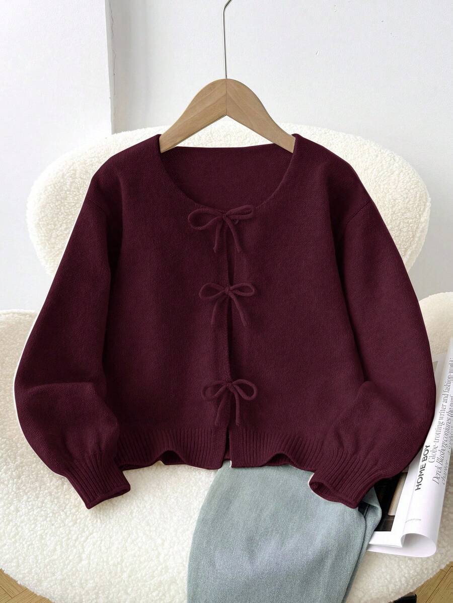 SHEIN Tween女孩米色開襟衫,秋季休閒度假返校簡約舒適圓領長袖蝴蝶結冬季毛衣,波點 - 酒紅色 - 查看 1