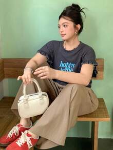 Livesso Curve 彈性腰寬鬆寬腿褲，休閒長褲/闊腿褲，百搭春夏大尺碼女款可愛上衣 - 卡其色 - 查看 6