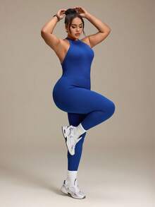 SHEIN Rhythm Era Jumpsuit Olahraga Wanita Ukuran Plus Tanpa Jahitan Warna Biru dengan Detail Garis-garis di Bagian Belakang - Navy Blue - View 4