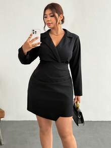 Firerie Vestido Blazer de Manga Longa com Gola Lapela Cor Sólida para Mulheres Plus Size, Elegante para Escritório, Jantar, Negócios, Trabalho, Festa de Verão, Preto - Preto - Visão 8