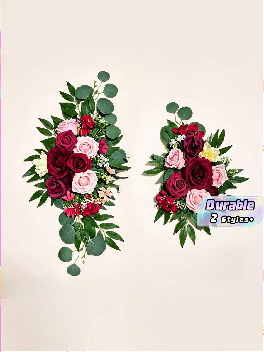 2Pcs Artificial Burgundy Wedding Flowers Bouquet, Silk Arch Decoration For Welcome Board, Versatile Party Birthday Opening Ceremony Decor - Multicolor - View 1