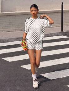 SHEIN Tween Girl Casual Modest Simple Cartoon Pattern Short Sleeve Shorts 2 Pieces Set Suitable For Summer City Break Evening Black And White Polka Dot - Multicolor - View 3
